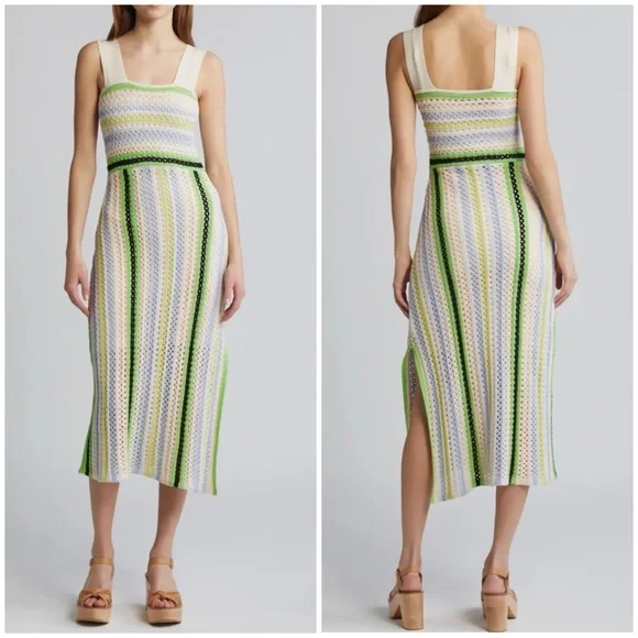 NWOT Ciebon Sahara Crochet Midi Sweater Dress - Green Multi - M - Picture 1 of 11
